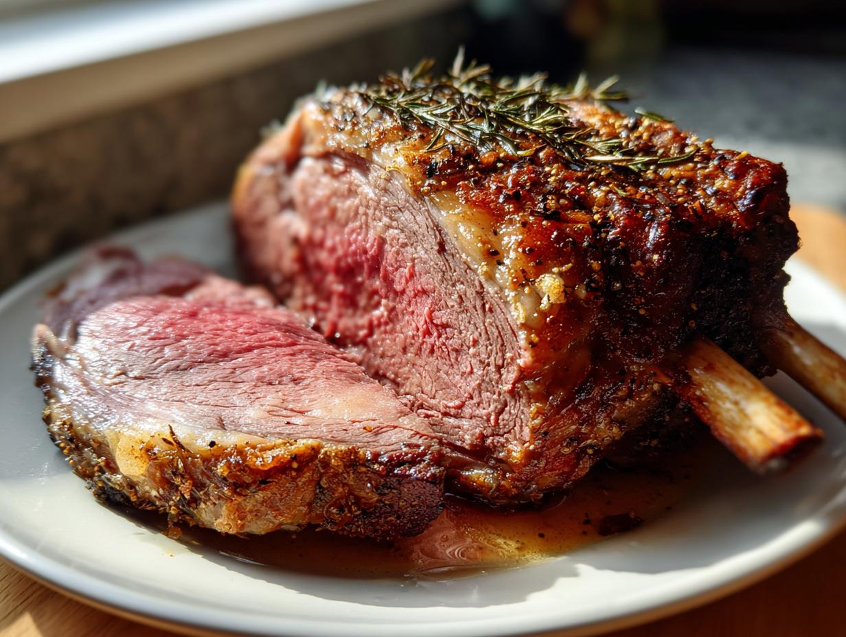 A perfectly cooked prime rib roast, sliced to reveal its juicy, pink interior, seasoned with herbs and spices.