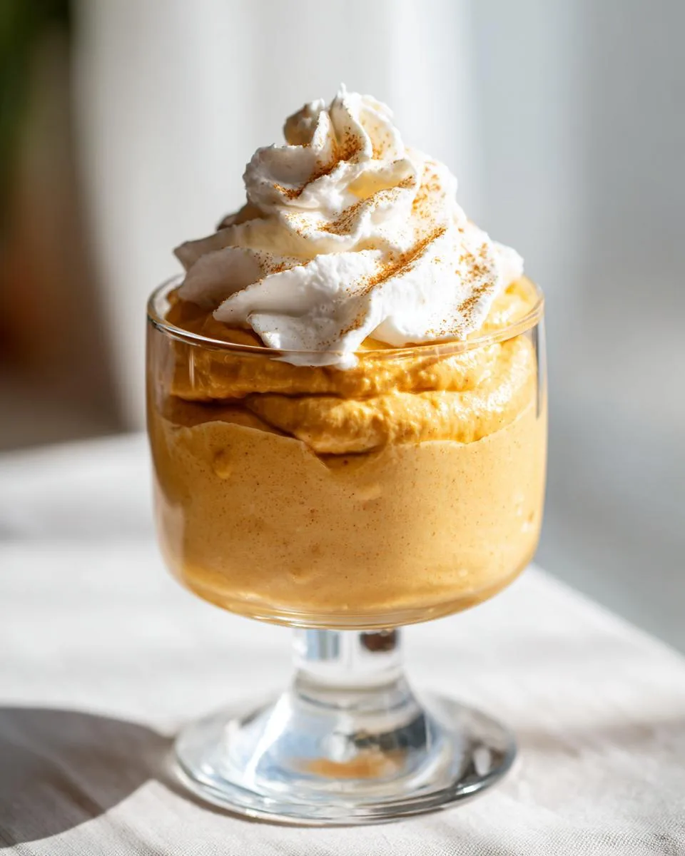 A serving of creamy pumpkin mousse dessert topped with whipped cream and a sprinkle of cinnamon in a glass dish.