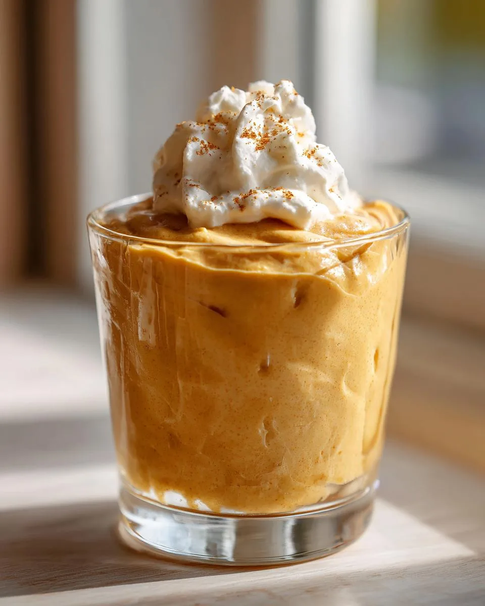 A close-up of a creamy pumpkin mousse dessert topped with whipped cream and cinnamon in a clear glass.