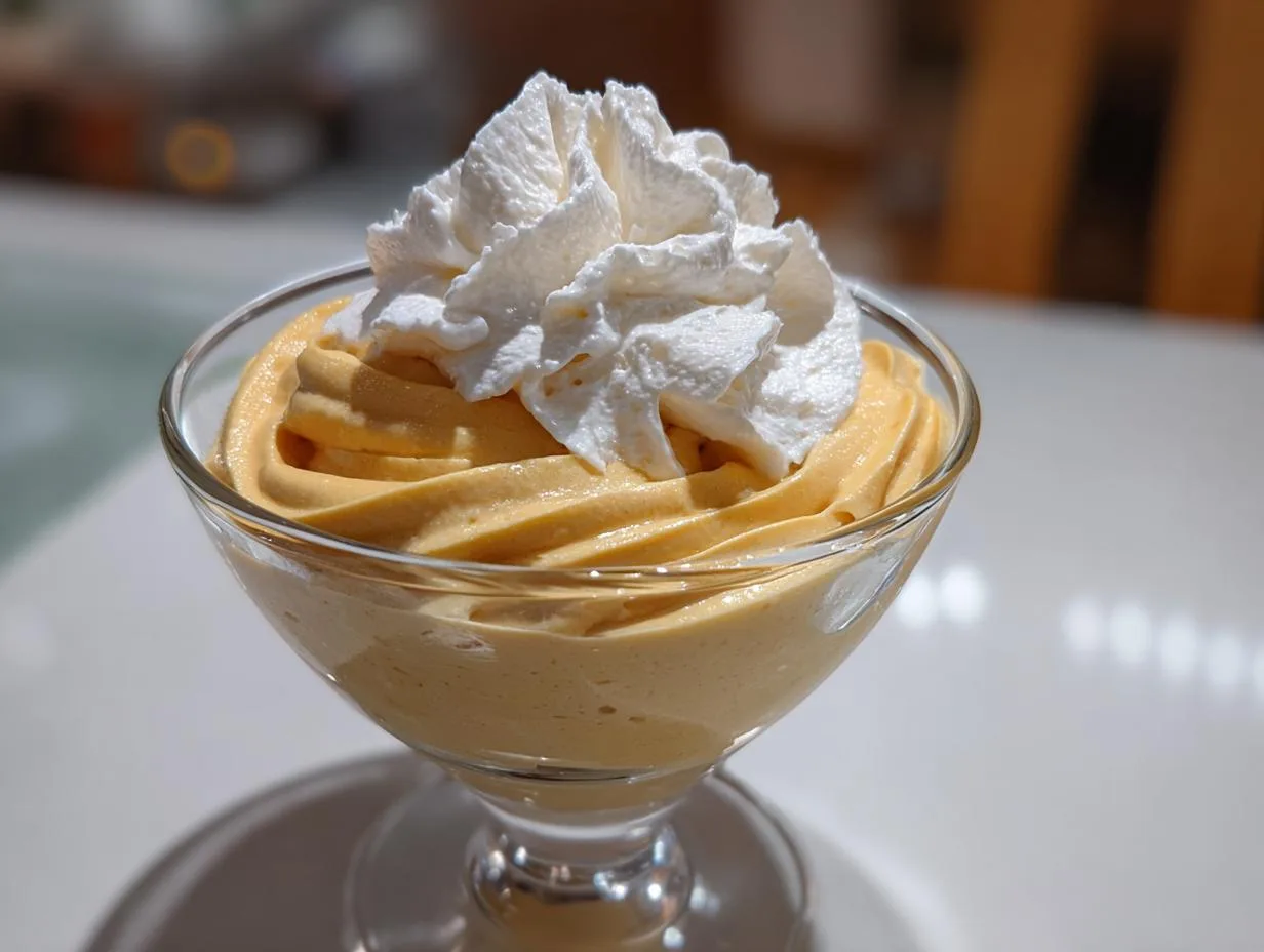 A close-up of a serving glass filled with smooth pumpkin mousse dessert, topped with a swirl of whipped cream.