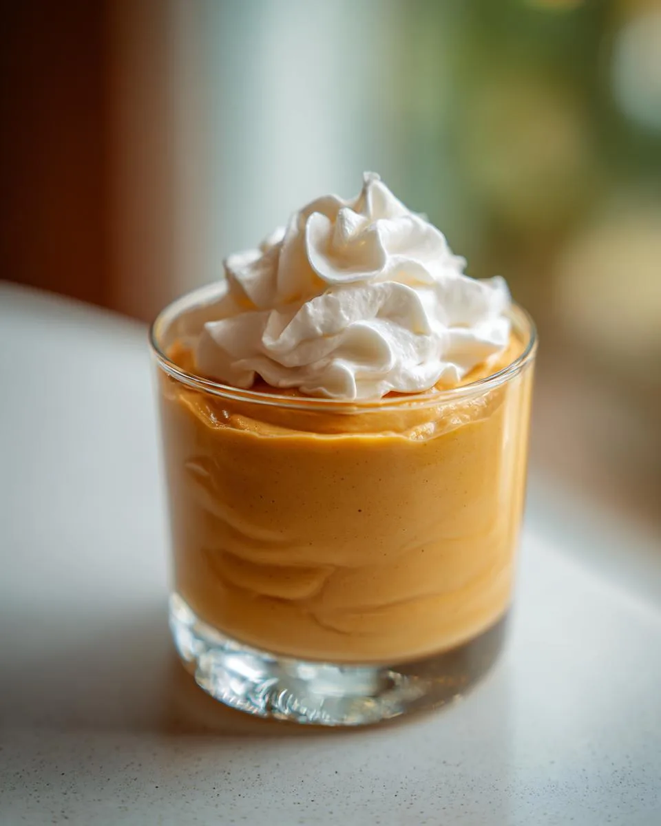 A close-up of a smooth, creamy pumpkin mousse dessert in a glass, topped with a swirl of whipped cream.