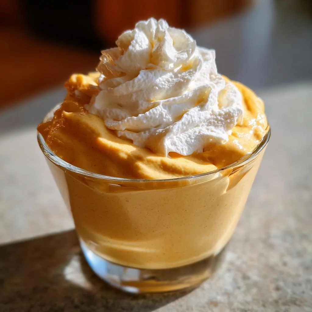 A close-up of a glass filled with creamy pumpkin mousse dessert, topped with a swirl of whipped cream.