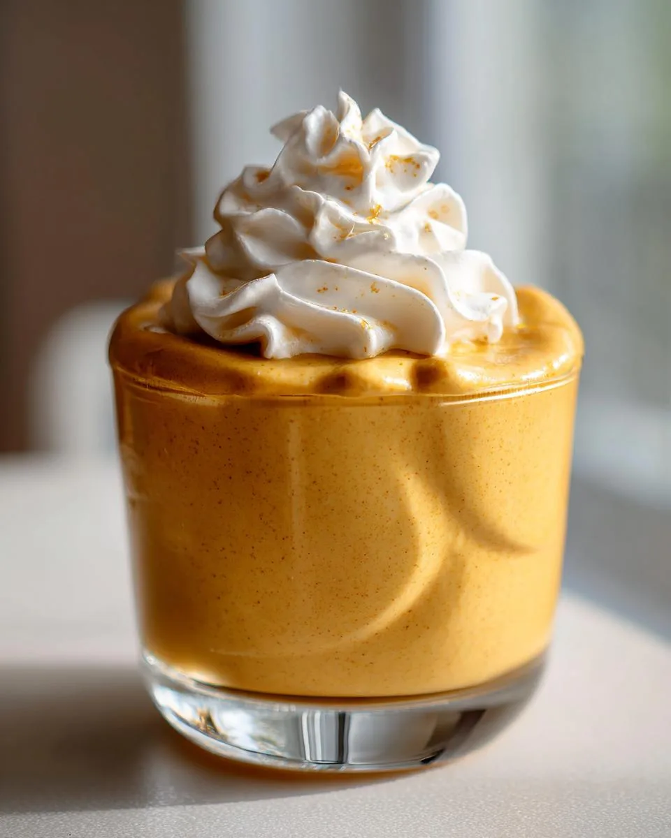 A close-up of a creamy pumpkin mousse dessert topped with whipped cream and a sprinkle of gold dust.