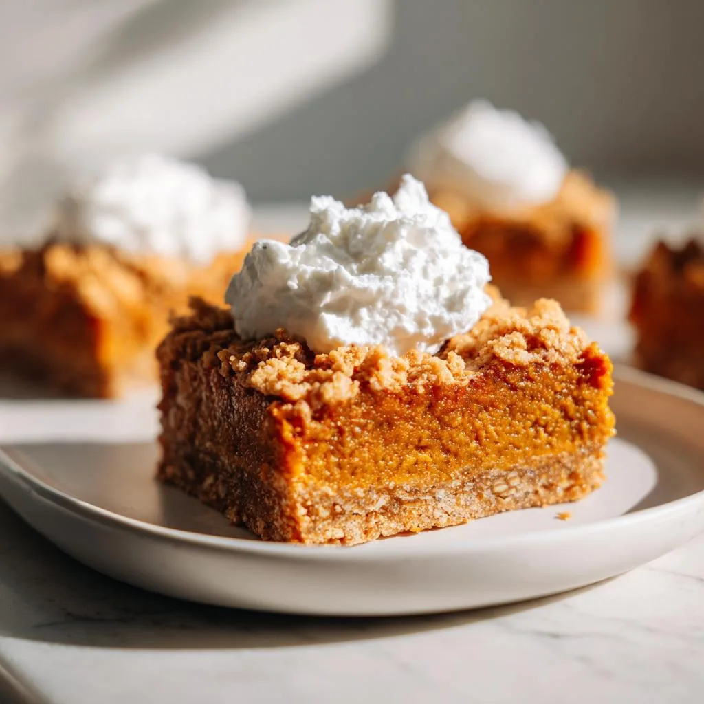 A close-up of a pumpkin pie bar topped with whipped cream and a crumble topping, served on a white plate.