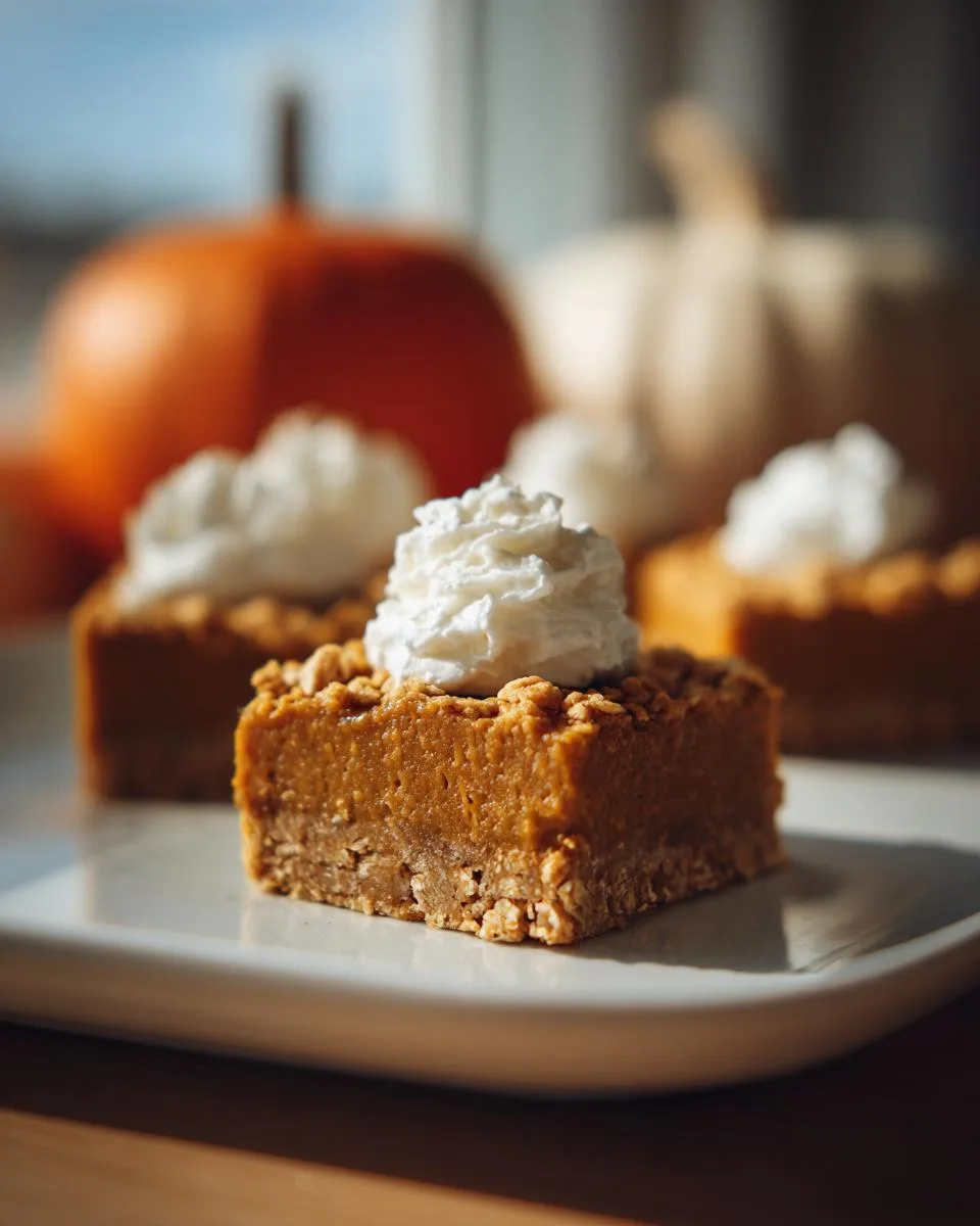 Close-up of a square pumpkin pie bar topped with whipped cream, with more bars and pumpkins in the background.