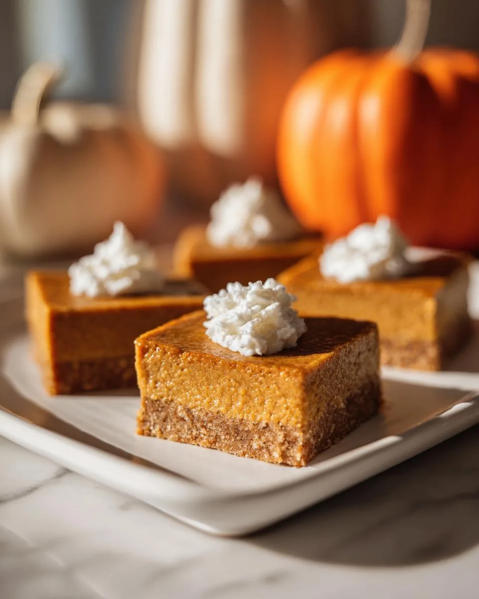 Close-up of square pumpkin pie bars topped with whipped cream, with pumpkins in the background.