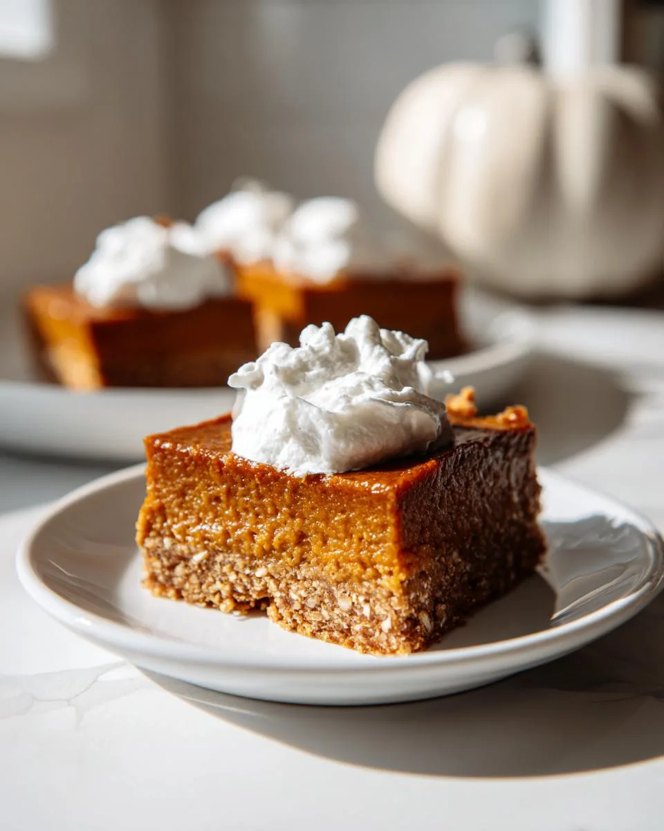 A close-up of a pumpkin pie bar topped with whipped cream, served on a white plate.