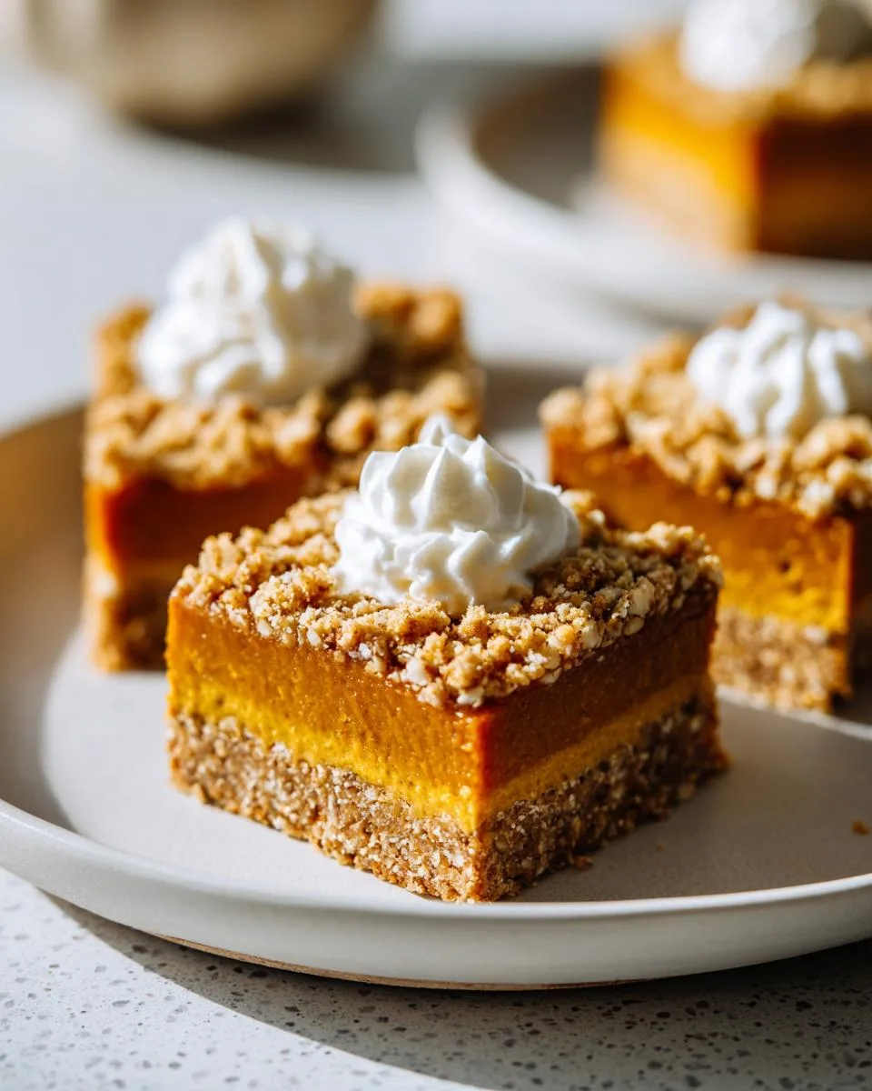 Close-up of three delicious pumpkin pie bars topped with whipped cream and crumble on a white plate.