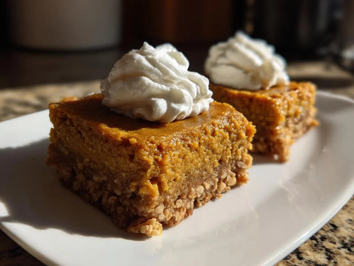Two moist pumpkin pie bars topped with swirls of whipped cream on a white plate.