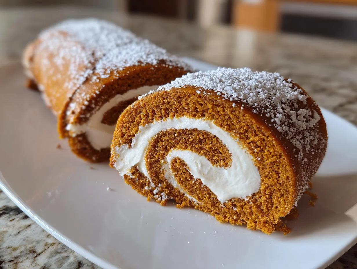 A close-up of a slice of pumpkin roll cake with a swirl of cream filling, dusted with powdered sugar.