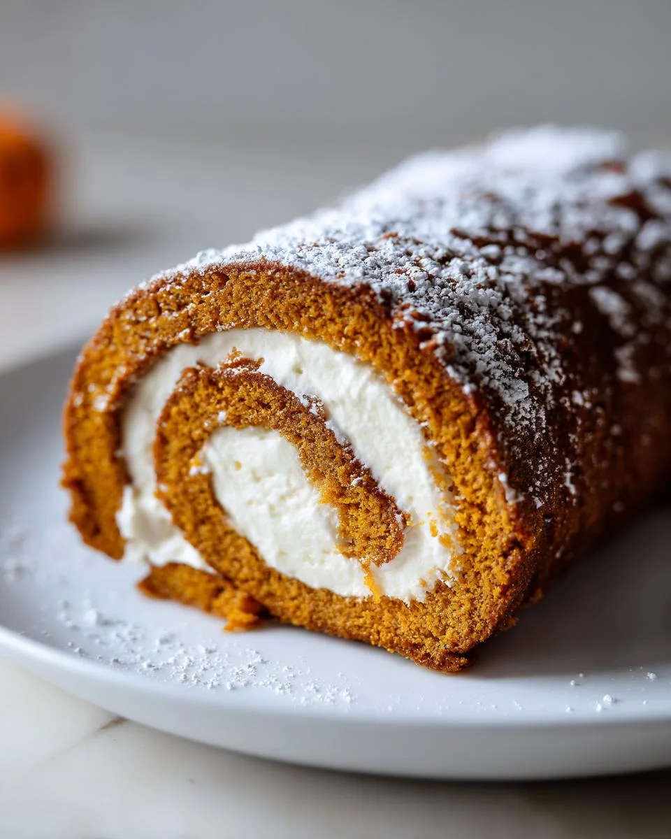 A close-up of a slice of pumpkin roll cake, filled with creamy frosting and dusted with powdered sugar.