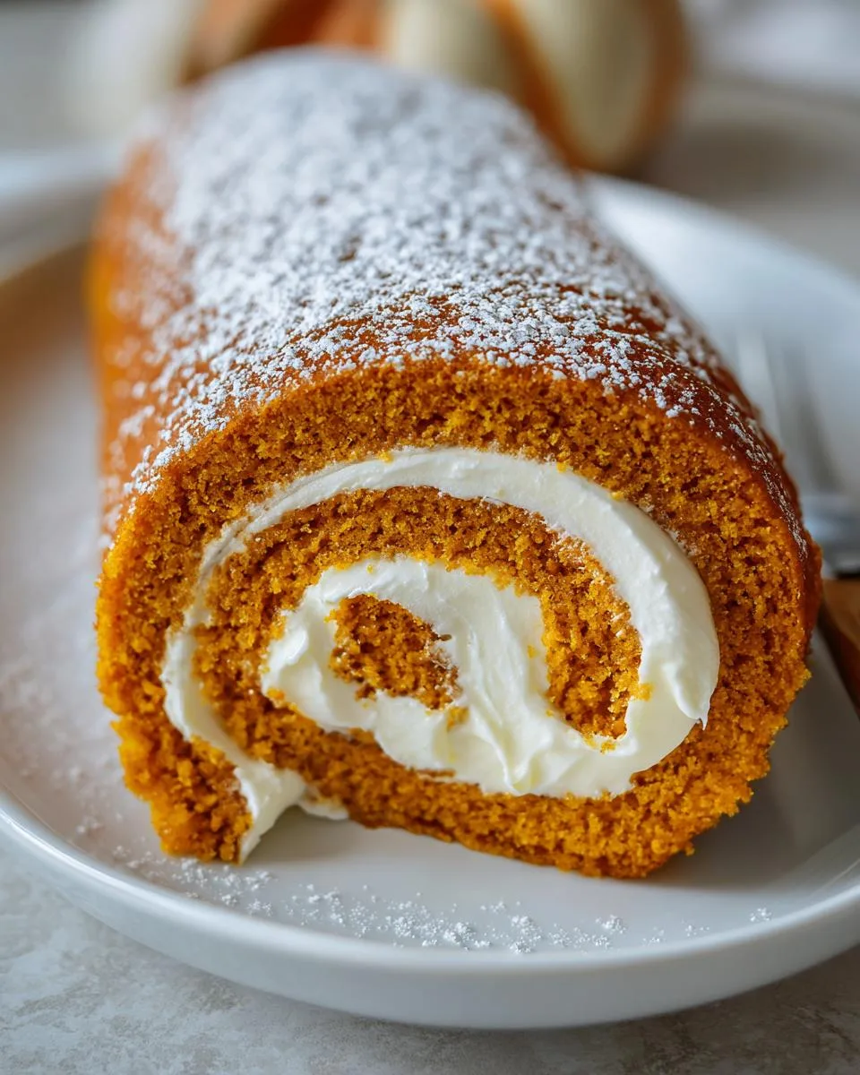 A close-up of a slice of pumpkin roll cake, dusted with powdered sugar and filled with creamy frosting.