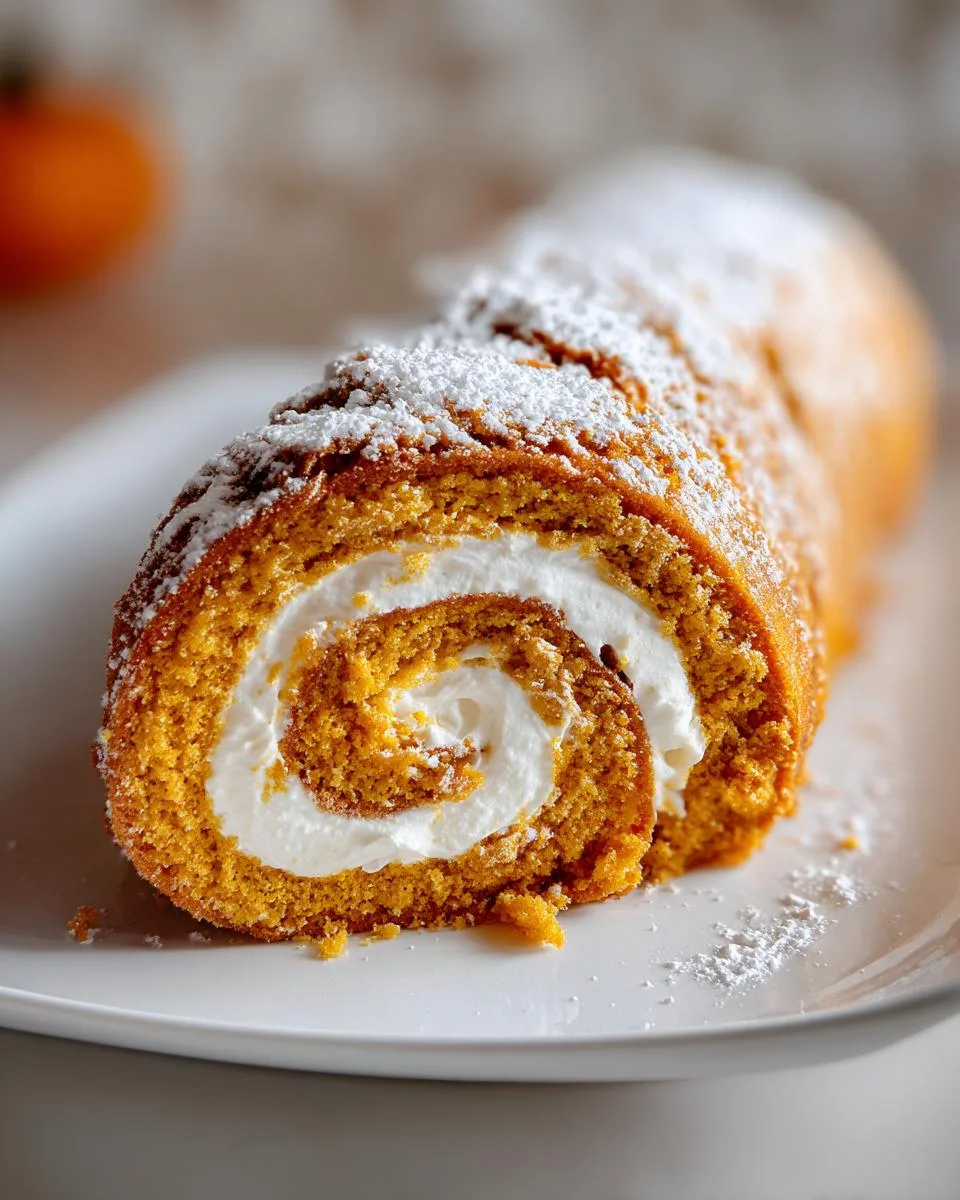 A slice of moist pumpkin roll cake filled with creamy frosting, dusted with powdered sugar.