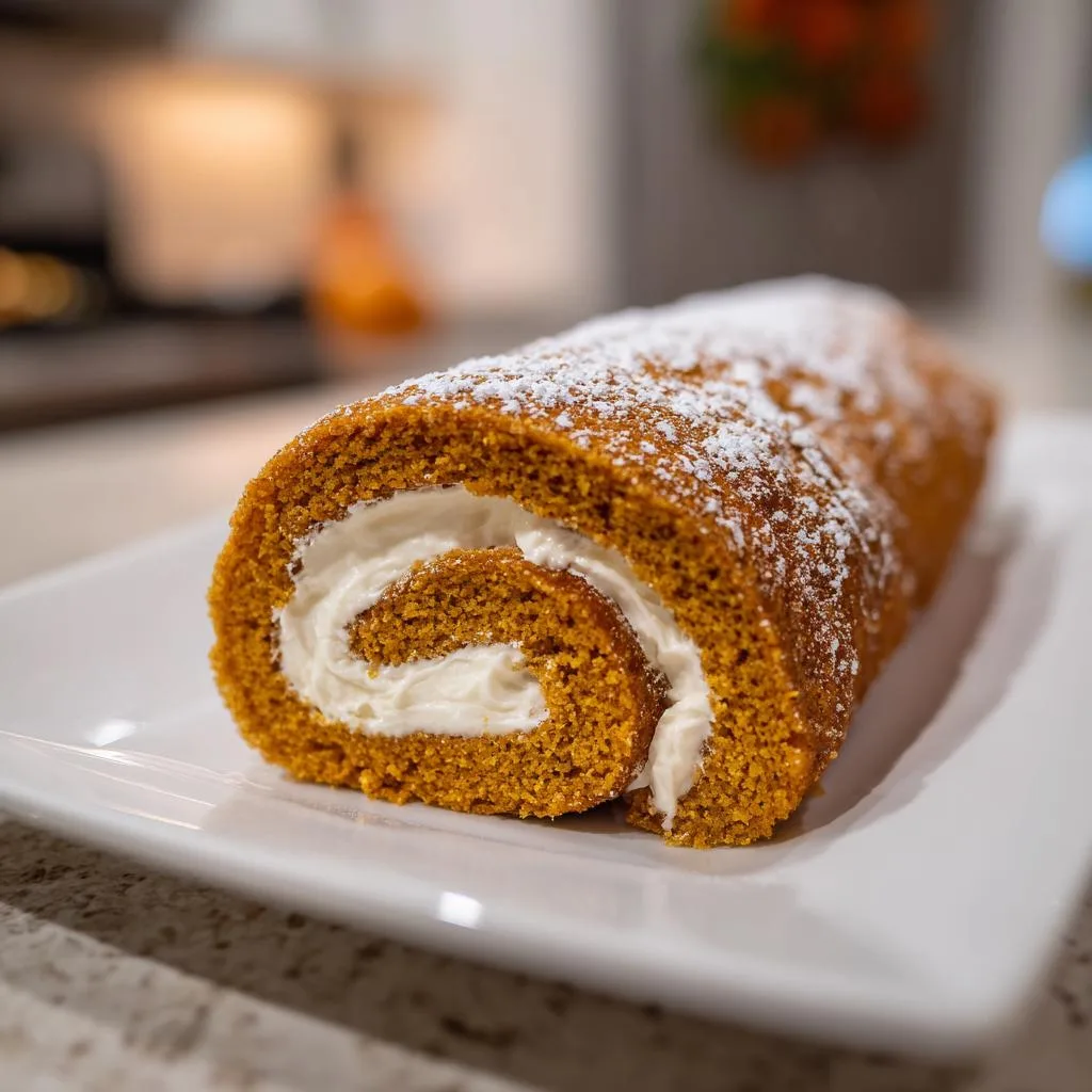A close-up of a slice of pumpkin roll cake, dusted with powdered sugar and filled with creamy frosting.