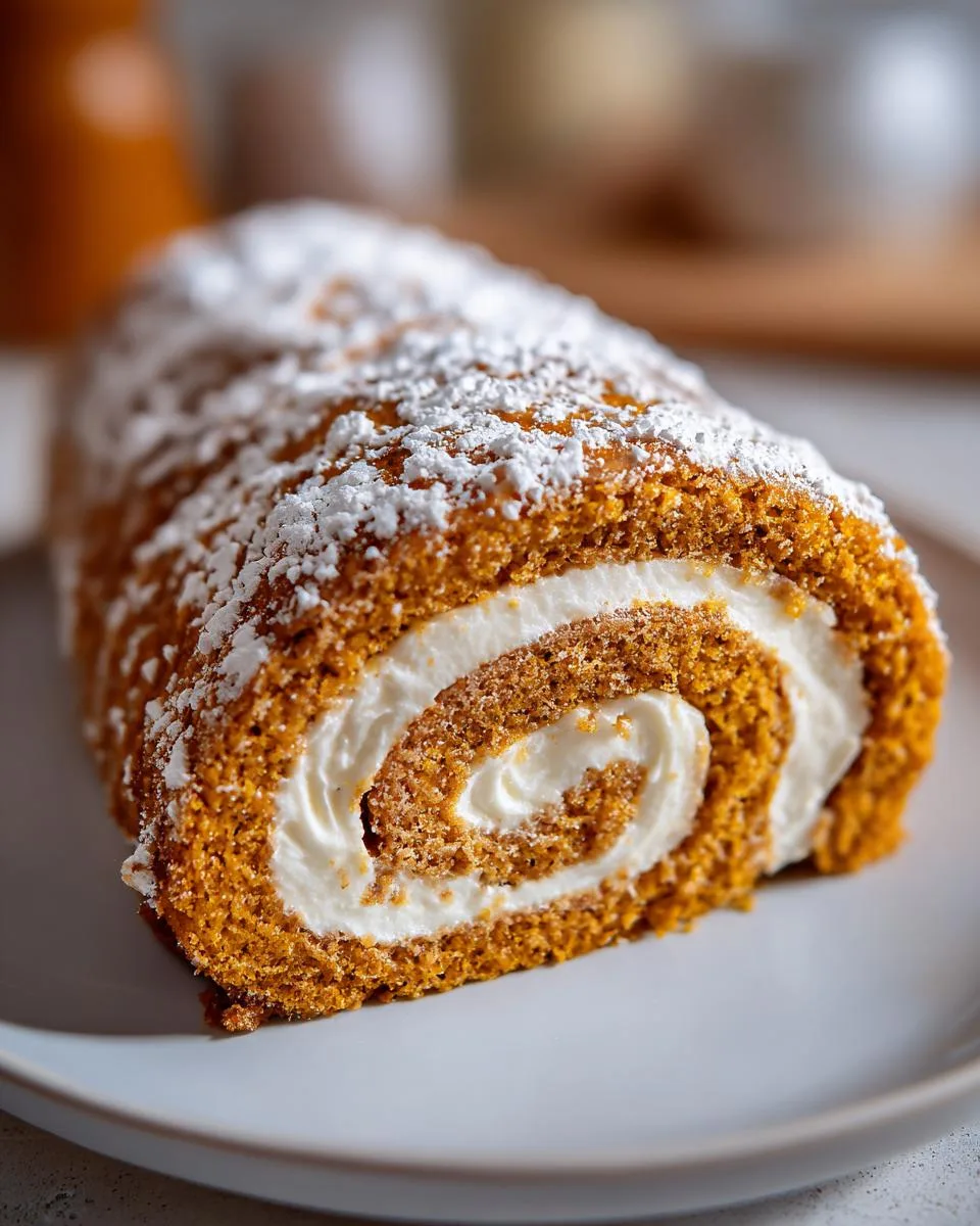 A close-up of a slice of pumpkin roll cake dusted with powdered sugar, revealing a swirl of creamy filling.