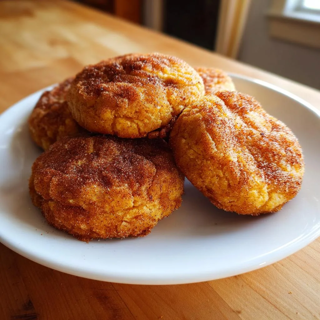 A close-up of several soft pumpkin spice cookies coated in cinnamon sugar, piled on a white plate.