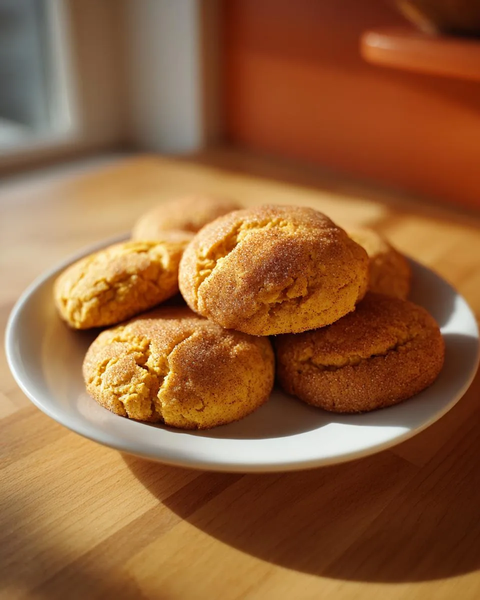 A pile of soft, golden pumpkin spice cookies dusted with cinnamon sugar on a white plate.