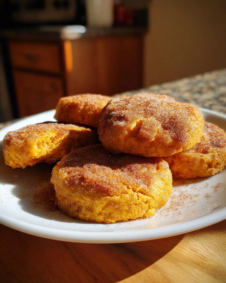 A close-up of several fluffy pumpkin spice cookies, dusted with cinnamon sugar, on a white plate.