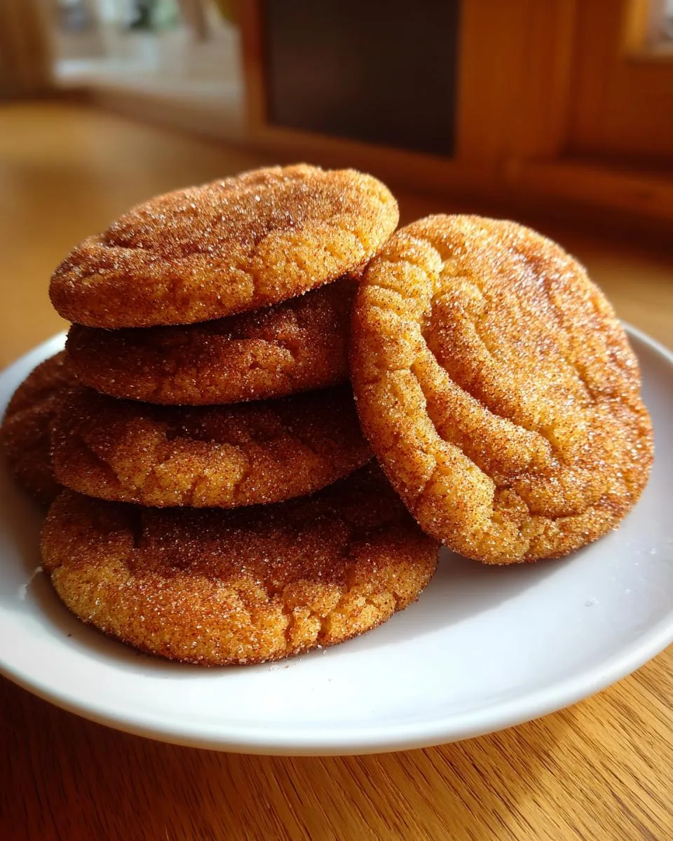 A stack of freshly baked pumpkin spice cookies, coated in cinnamon sugar, on a white plate.