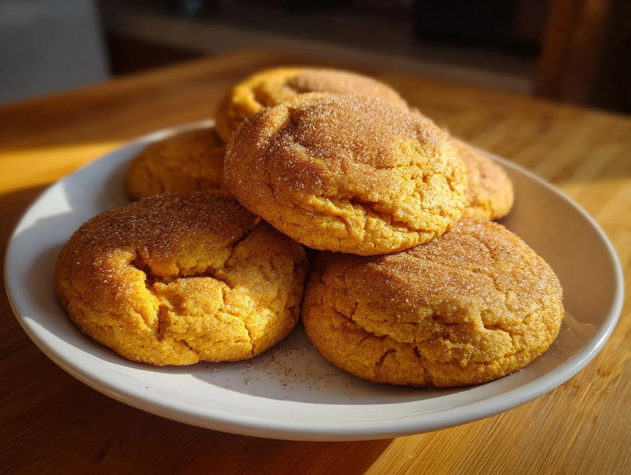 A stack of golden brown pumpkin spice cookies, dusted with cinnamon sugar, on a white plate.