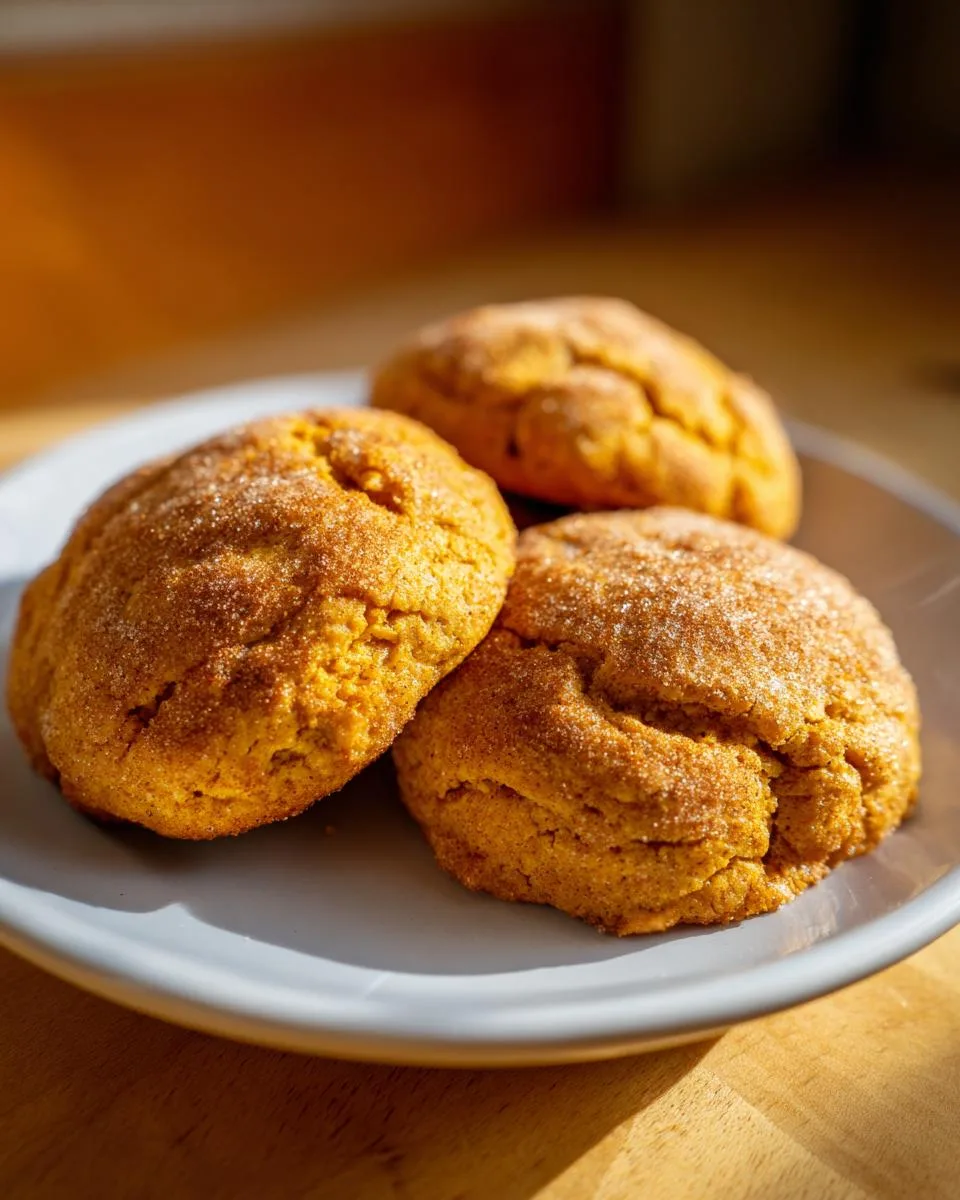 Three soft pumpkin spice cookies dusted with sugar on a light blue plate, ready to be enjoyed.