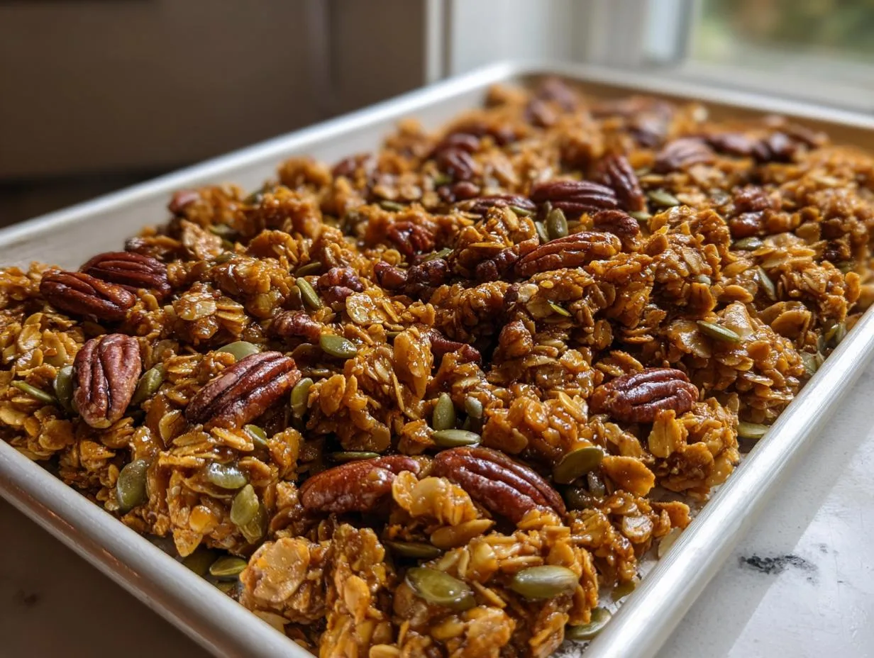 Close-up of freshly baked pumpkin spice granola with whole pecans and pumpkin seeds on a baking sheet.
