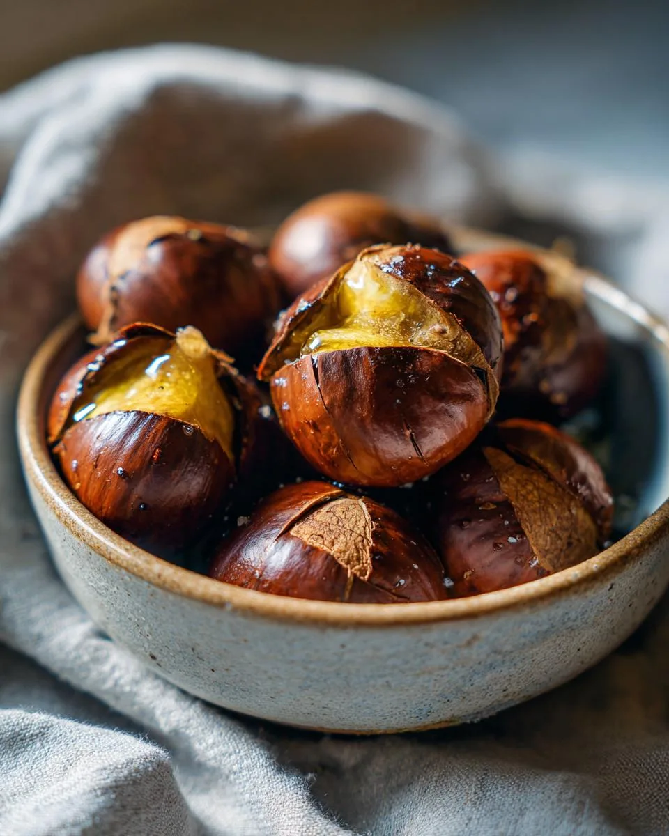 Close-up of warm, freshly roasted chestnuts in a rustic bowl, with some split open revealing the soft interior and glistening with butter.