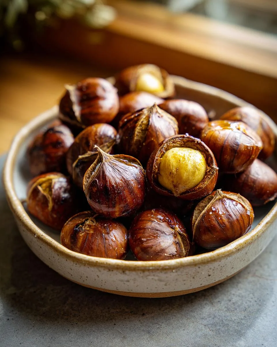 A close-up shot of a bowl filled with perfectly roasted chestnuts, one split open revealing its soft, golden interior.