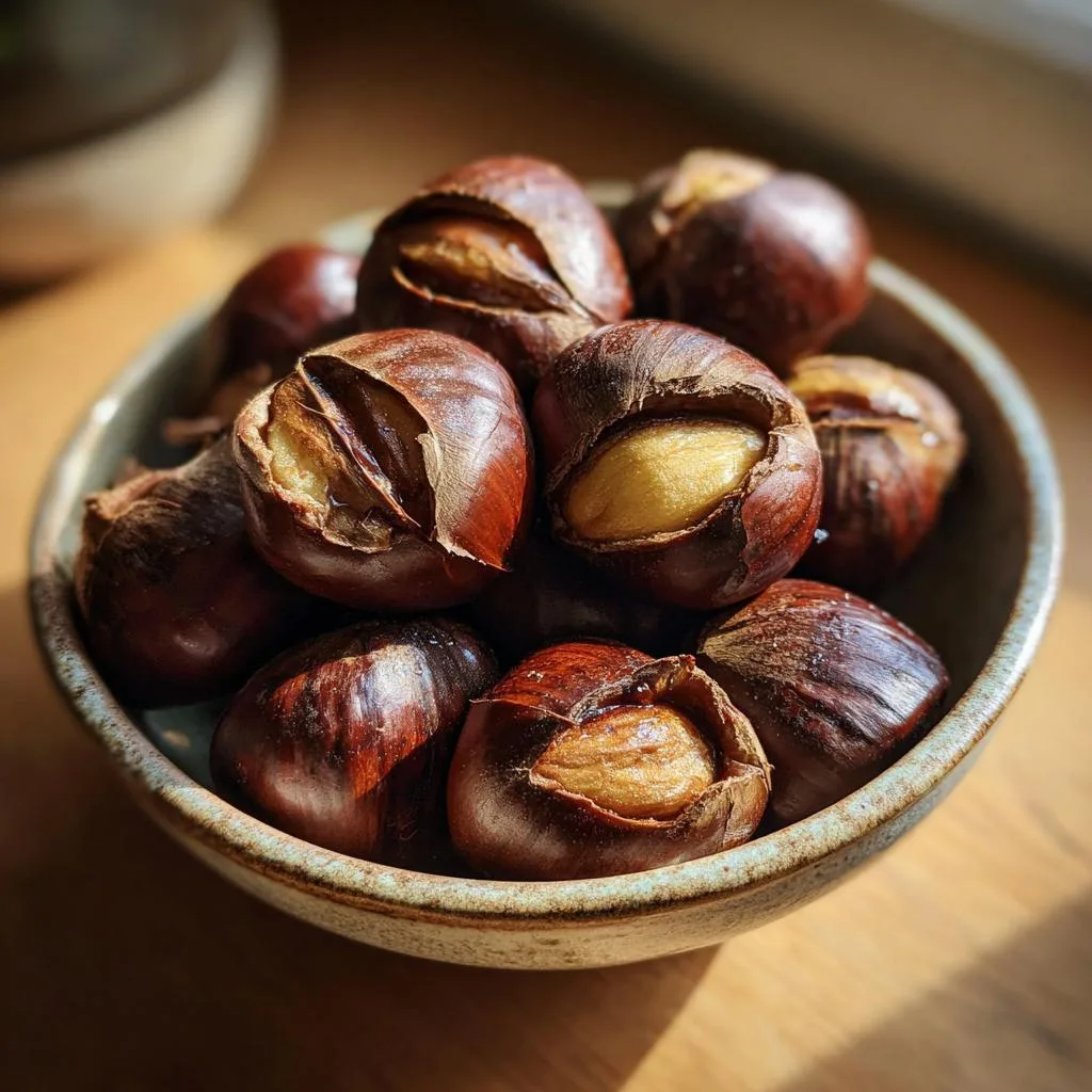 A close-up of a rustic bowl filled with perfectly roasted chestnuts, some split open to reveal the golden interior.
