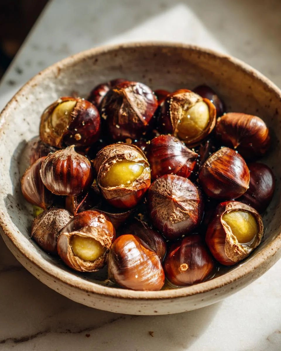 A rustic bowl filled with warm, freshly roasted chestnuts, some split open to reveal their golden interior.