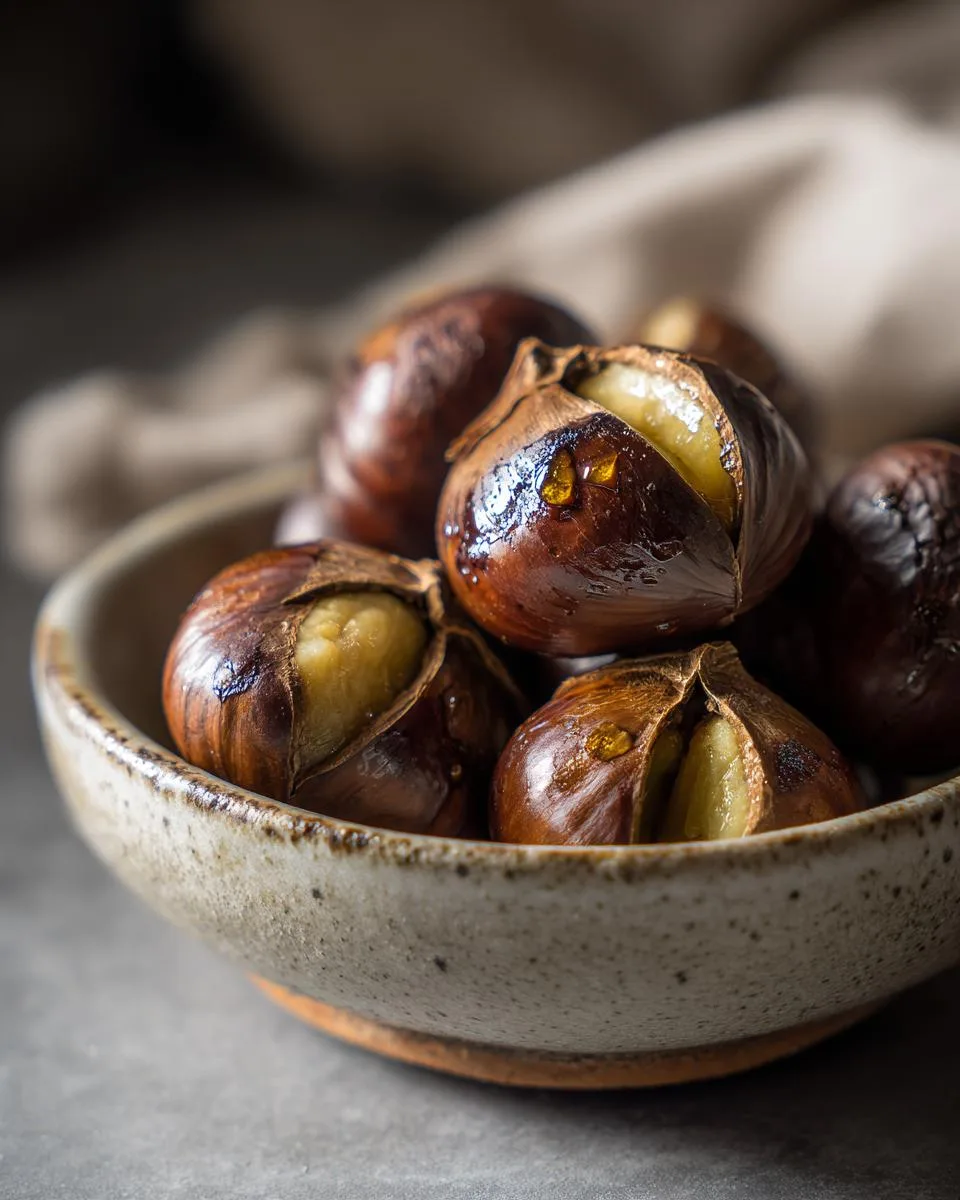 A close-up shot of glossy, roasted chestnuts with their shells split open, revealing the soft interior, served in a rustic bowl.