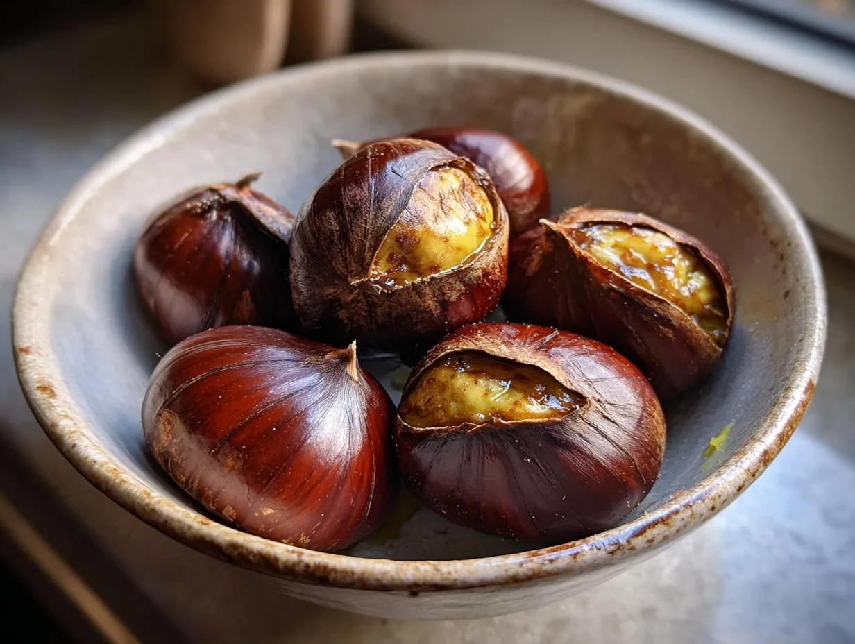 A close-up shot of a bowl filled with freshly roasted chestnuts, some split open revealing their soft interior.