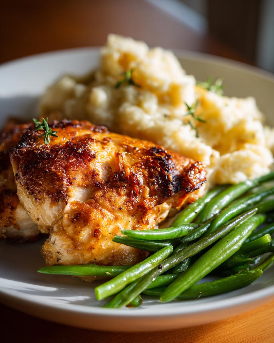 A plate of roasted chicken with crispy skin, creamy mashed potatoes, and fresh green beans, perfect for new years dinner ideas.