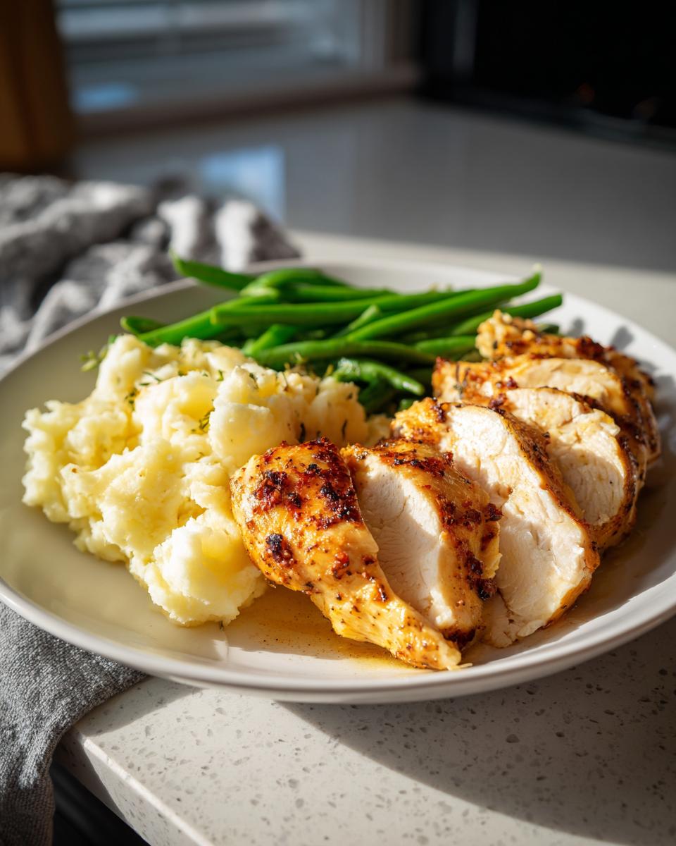 A plate of roasted chicken breast, mashed potatoes, and green beans, perfect for New Year's Eve dinner ideas.