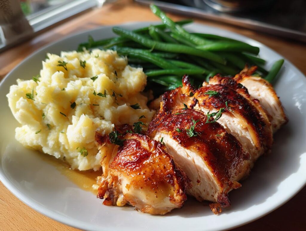 A plate of roasted chicken, mashed potatoes, and green beans, perfect for New Years dinner ideas.
