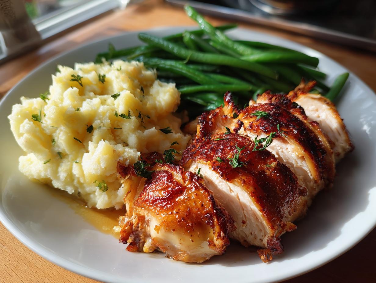 A plate of roasted chicken, mashed potatoes, and green beans, perfect for New Years dinner ideas.