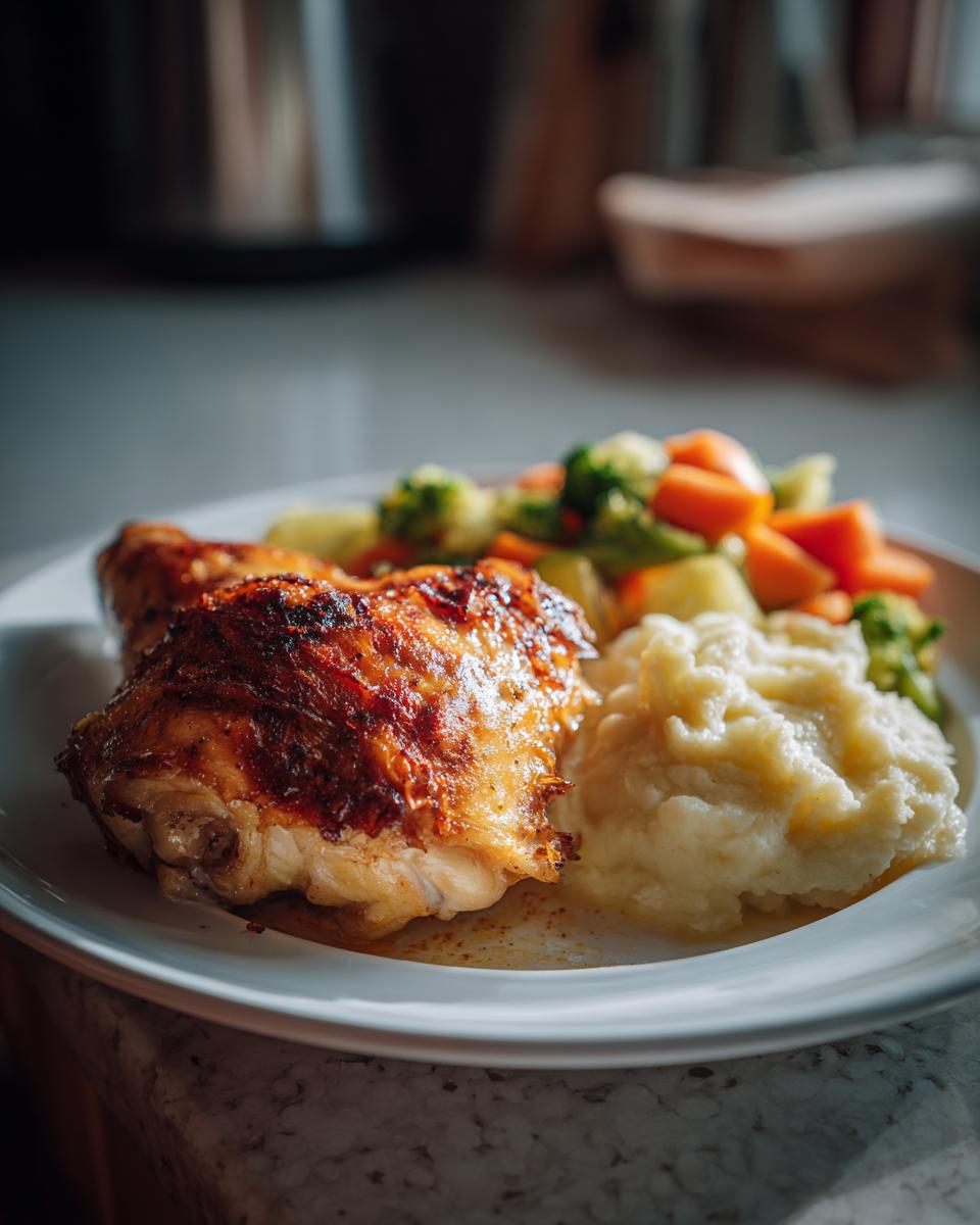 A plate with roasted chicken, mashed potatoes, and mixed vegetables, perfect for new years eve dinner ideas.
