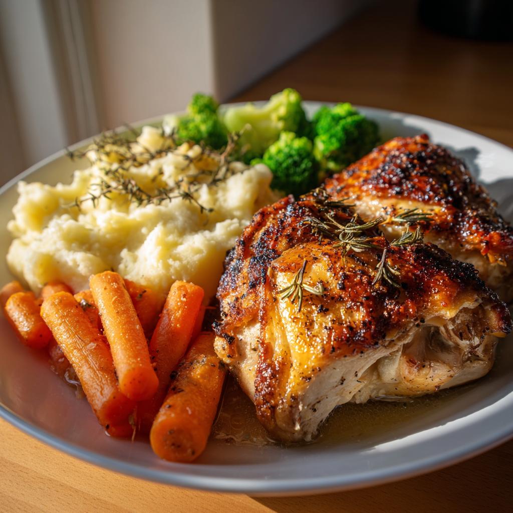 A plate of roasted chicken with mashed potatoes, carrots, and broccoli, perfect for New Years Eve dinner ideas.
