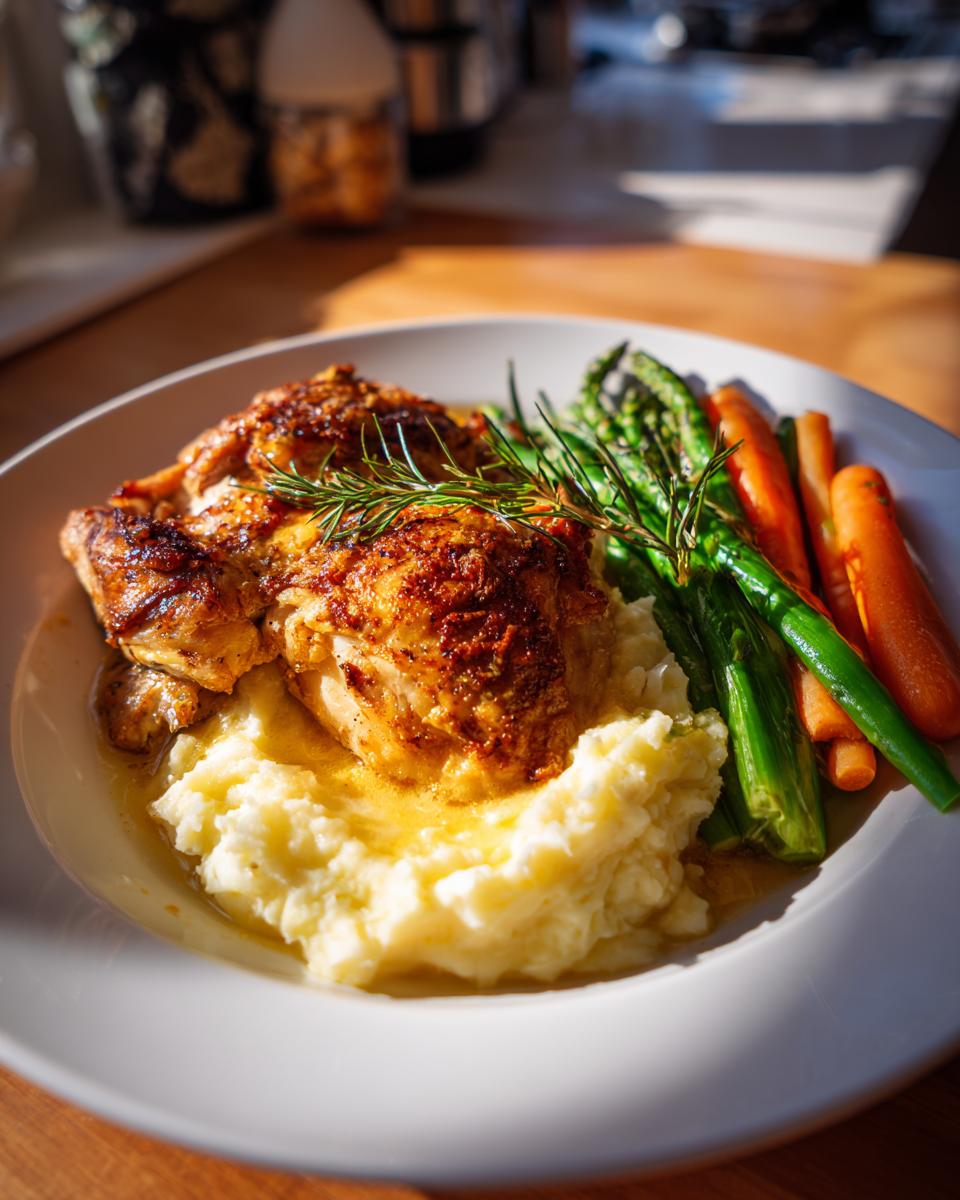 A delicious plate of roasted chicken with mashed potatoes, asparagus, and carrots, perfect for new years eve dinner ideas.