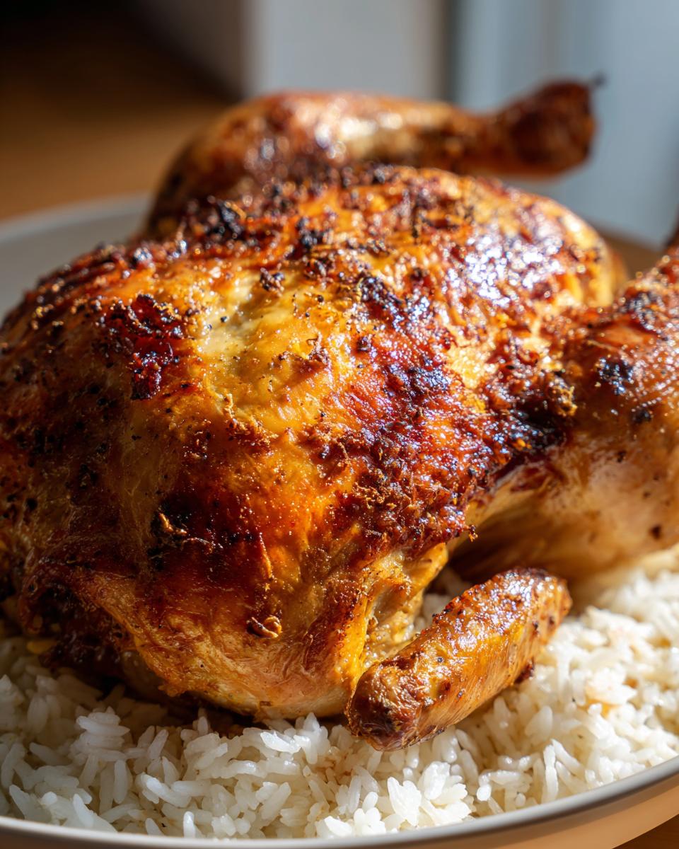 A golden-brown whole roasted chicken served over a bed of fluffy white rice, perfect for NYE dinner ideas.