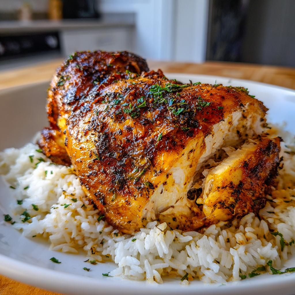 A perfectly roasted chicken, seasoned and garnished with herbs, served over a bed of fluffy white rice, a delicious NYE dinner idea.