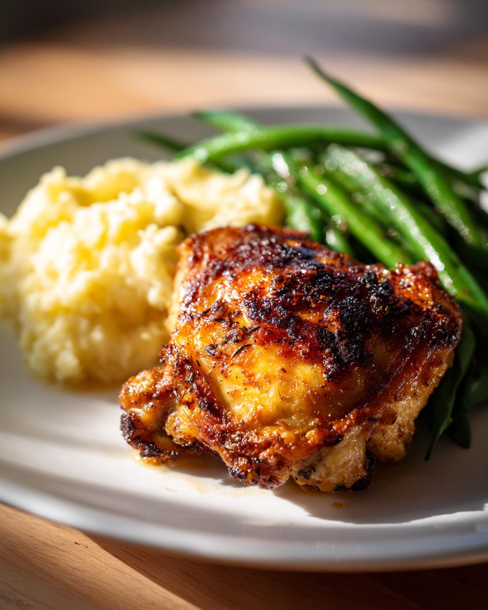 A perfectly roasted chicken thigh served with creamy mashed potatoes and fresh green beans, a delicious option for new years dinner ideas.