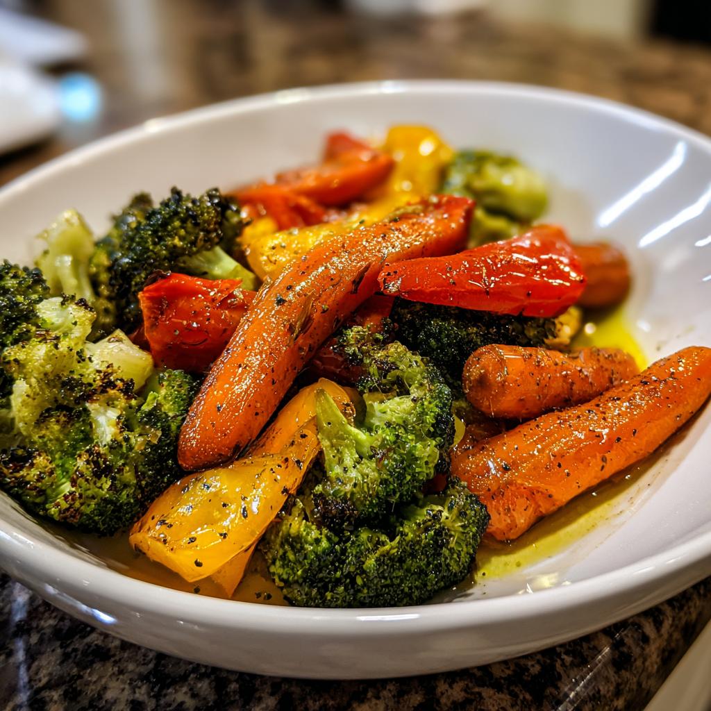 A close-up of roasted carrots, broccoli, and bell peppers seasoned with herbs and spices, presented as a vibrant side dish.