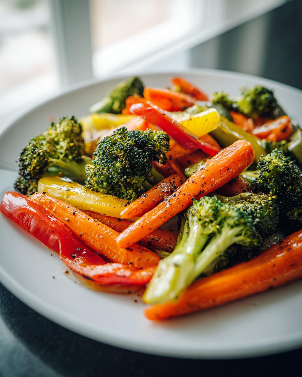 A vibrant plate of roasted side dishes featuring broccoli florets, carrot sticks, and red and yellow bell peppers, seasoned with black pepper.