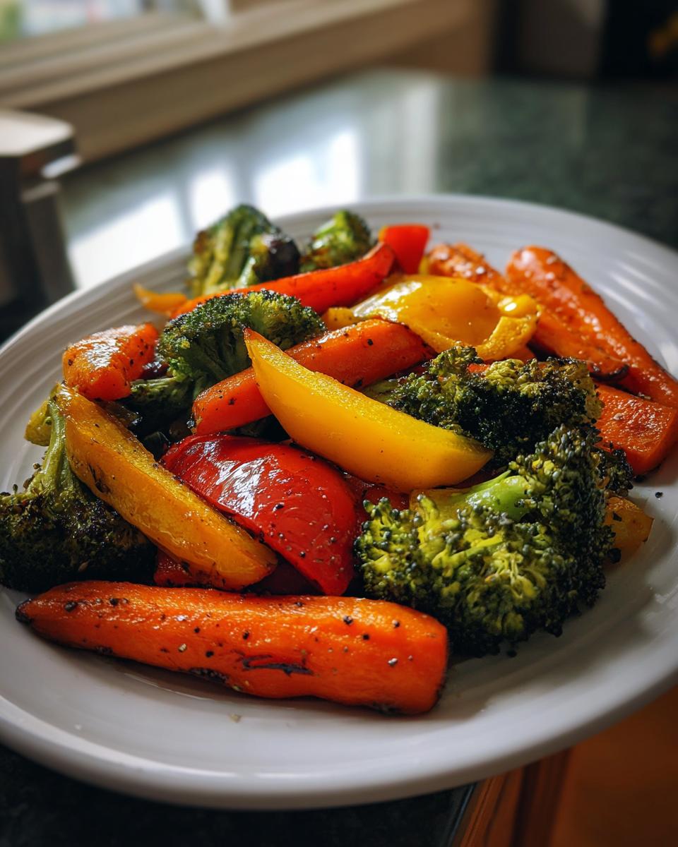 A close-up of roasted carrots, broccoli, and bell peppers, seasoned with herbs and spices, presented as a vibrant side dish.