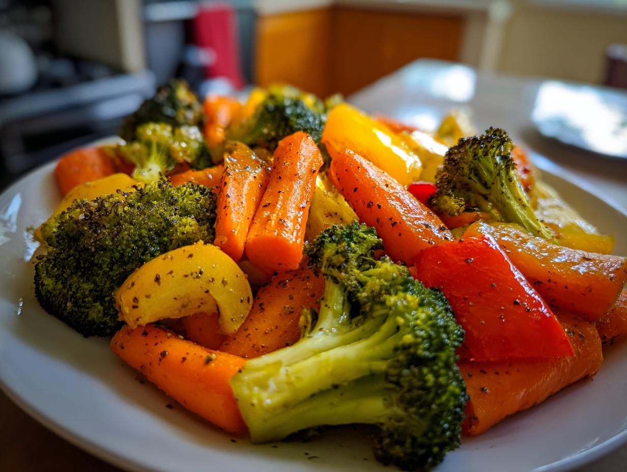 A close-up of roasted broccoli, carrots, and bell peppers, seasoned and glistening, presented as a vibrant side dish.