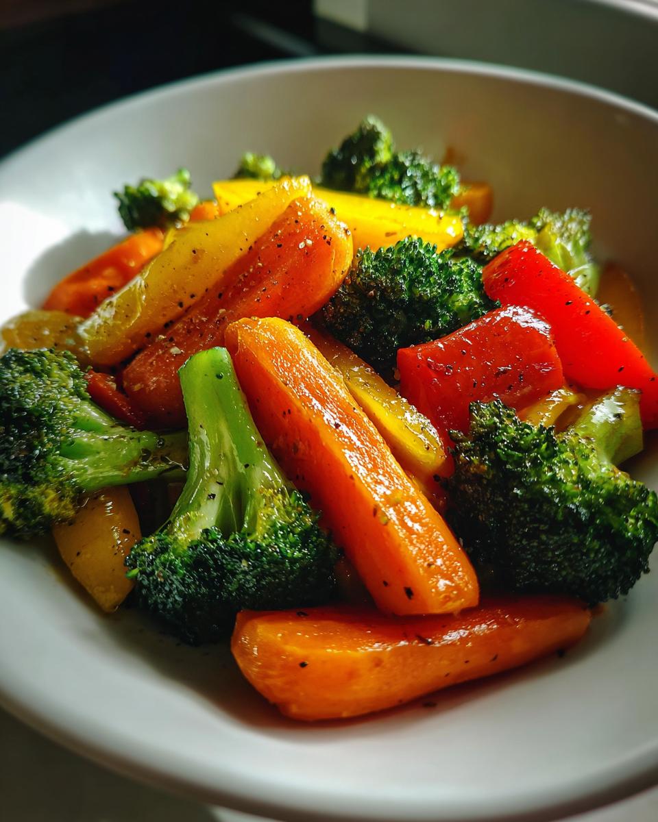 A close-up of roasted carrots, broccoli, and bell peppers, seasoned and served as one of the best side dishes.