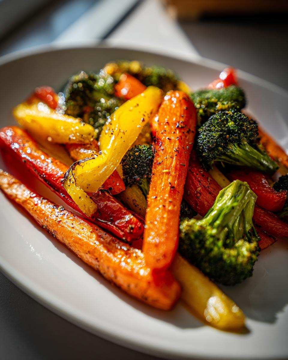 A close-up of roasted carrots, broccoli, and bell peppers, seasoned with pepper, presented as one of the irresistible side dishes.
