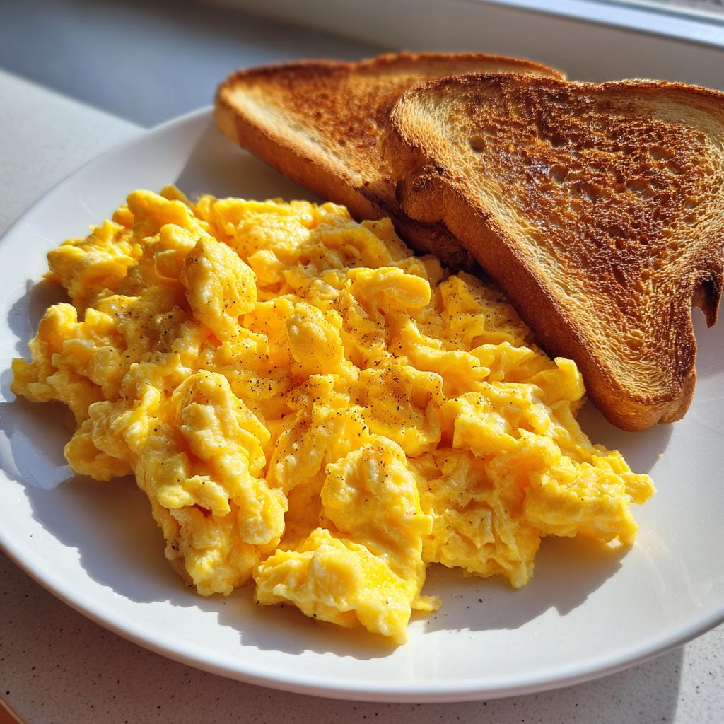 Fluffy scrambled eggs seasoned with pepper served with two slices of golden brown toast, a perfect quick breakfast idea.