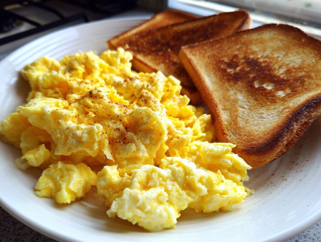 A plate of fluffy scrambled eggs seasoned with pepper, served with two slices of golden-brown toast, perfect for quick breakfast ideas.